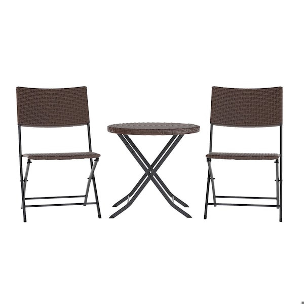 Flash Furniture Rouen 3-Pc Foldable French Bistro Set, PE Rattan Back, Seat and Table Top, Brown w/Blk Steel Frames FV-FWA085-BRN-BLK-GG - main